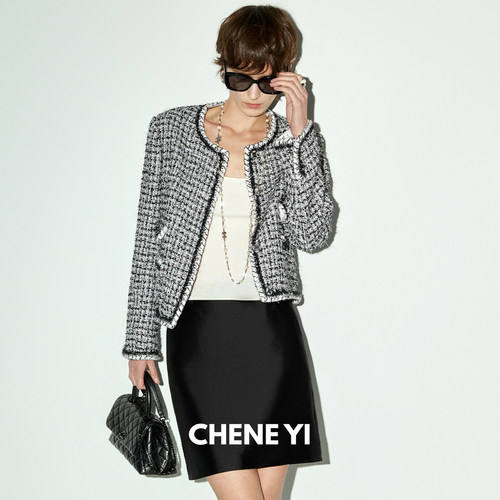 CHENE YI塞纳花房限量欧洲进口LINTON箱型四口袋粗花呢小香外套女