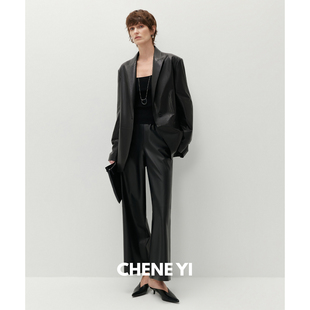 女高级感黑色休闲裤 九分直筒級简薄纸片羊皮皮裤 子 CHENE