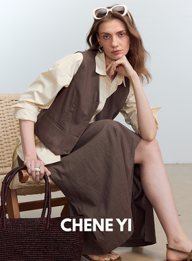 CHENE YI轻盈夏日棉麻混纺简约V领箱型马甲/叠片开衩半身裙套装女