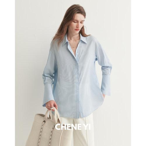 CHENE YI 廓形度假风条纹微喇袖克夫衬衫女宽松薄款通勤穿搭外套