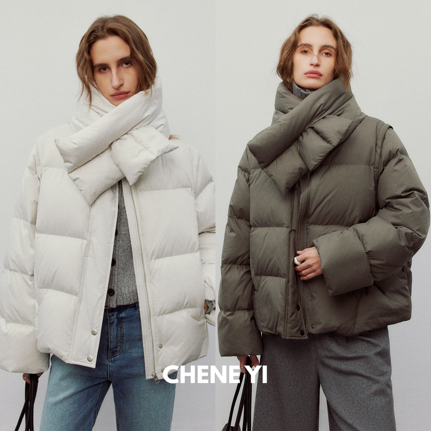 CHENE YI L*monta白鹅绒可拆卸两穿式立领围巾/马甲羽绒服外套女