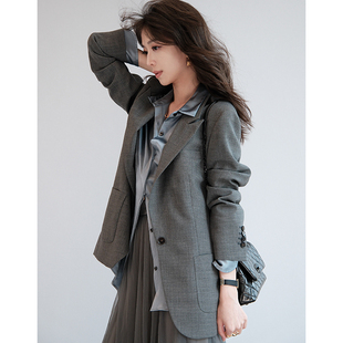 CHENE伊伊英国进口二股加捻全羊毛双贴袋廓形西装 外套女休闲春秋