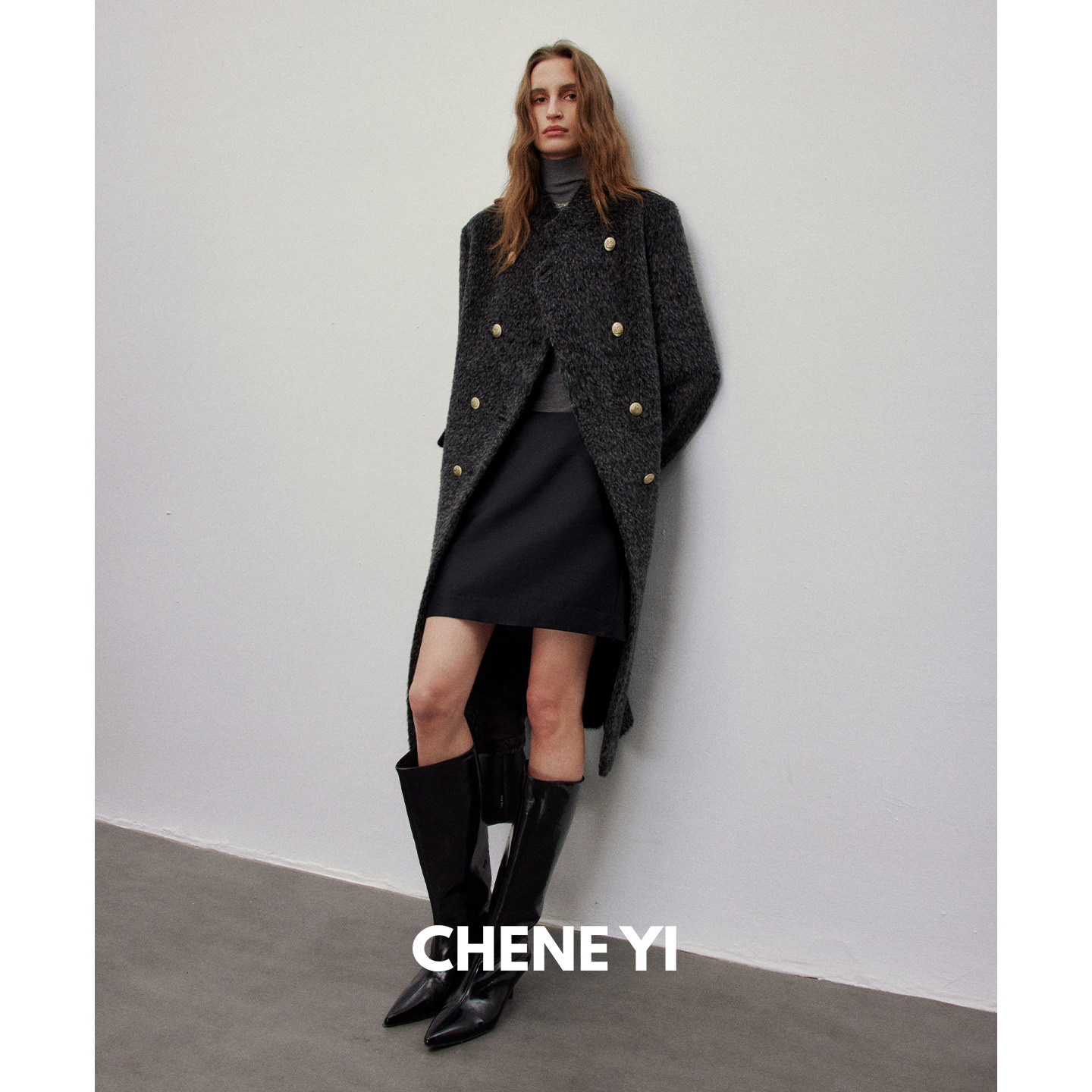 CHENE YI 羊驼毛羊毛混纺立领双排金扣长款苏力大衣女毛呢外套