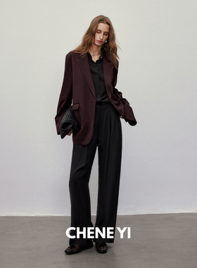 CHENE YI 撞红线设计黑色羊毛双褶阔腿裤女百搭显瘦直筒休闲裤