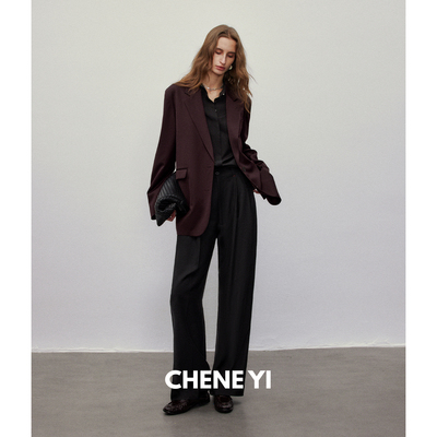 CHENE YI 撞红线设计黑色羊毛双褶阔腿裤女百搭显瘦直筒休闲裤