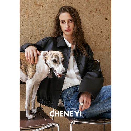 CHENE YI英国进口1oo%头层牛皮革翻领短款皮夹克女百搭通勤小外套