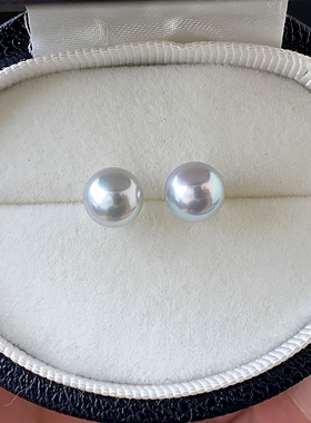 日本海水真多麻akoya珍珠素耳钉 18K金蓝灰色耳环女正圆强光耳饰