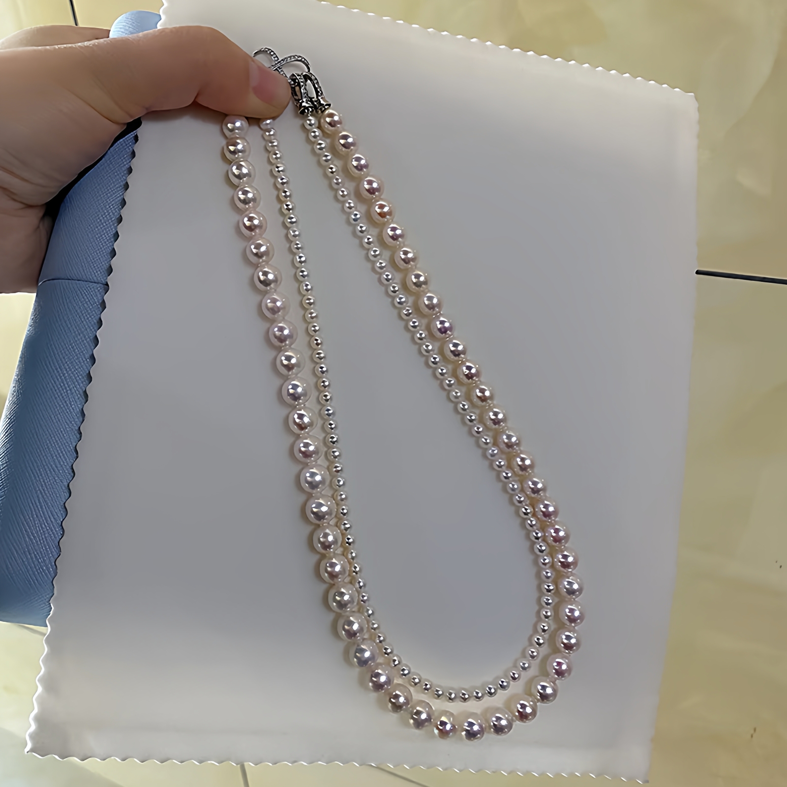 天然淡水AKOYA珍珠锁骨串链双层叠戴极强光项链万能扣颈饰正圆