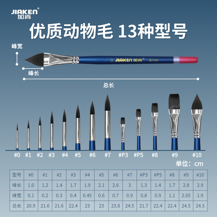 加肯珍珠蓝灰鼠混合毛水彩画笔G1190套装圆尖圆头平头舌型水粉笔
