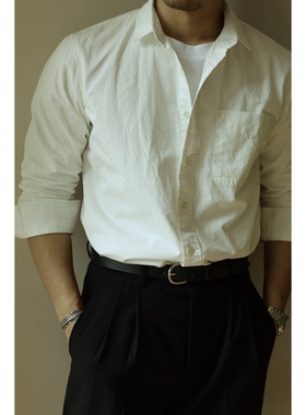 柴米纯棉盐缩商务休闲长袖白衬衫男基础款百搭复古绅士衬衣秋冬