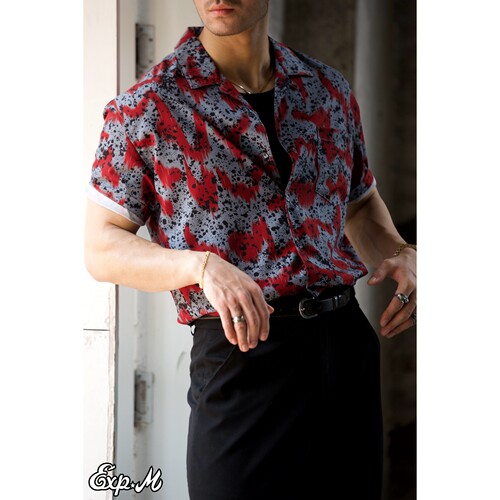 柴米印花Aloha古巴领短袖衬衫男宽松夏威夷沙滩休闲泰式复古咔叽