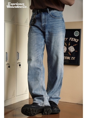 柴米14oz重磅洗水浅蓝色牛仔裤中腰宽松直筒休闲长裤美式复古咔叽