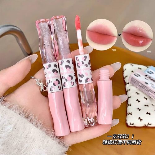 经典豹纹双头唇釉持妆哑光唇泥水光镜面嘟嘟唇彩素颜显白口红学生