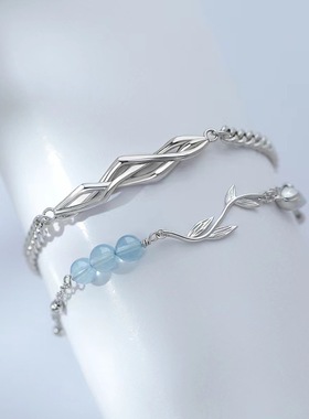 郁金香情侣手链一对蓝串珠花朵手饰小众简约相思树手镯礼物送男友