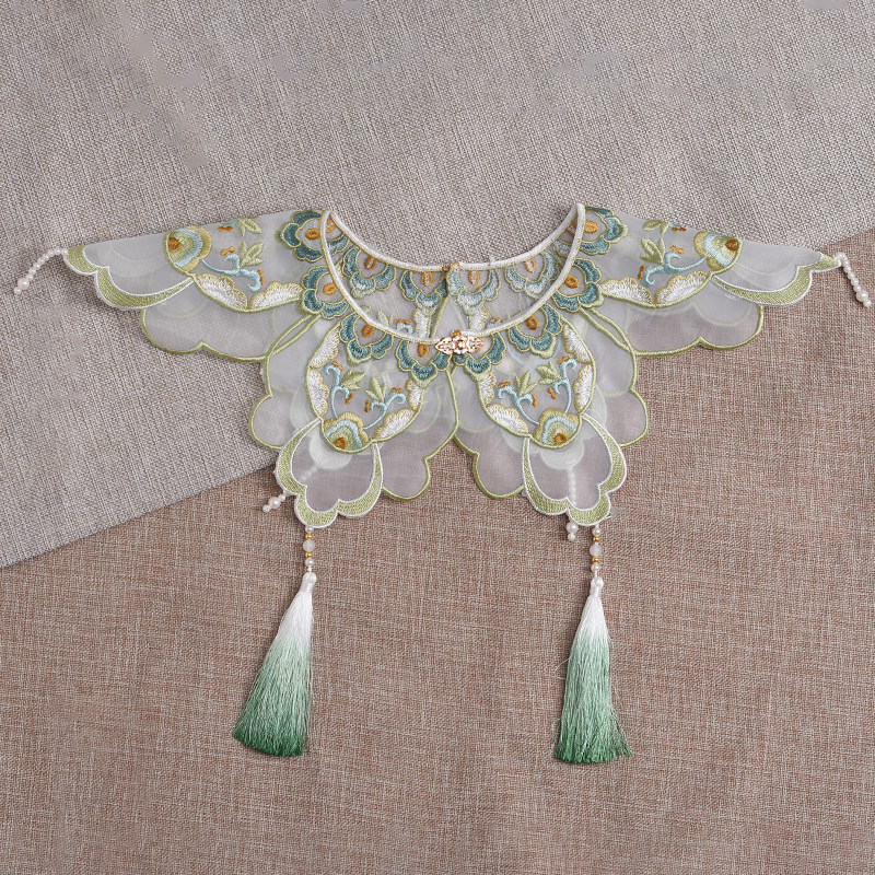 小清新绿色复古汉服云肩女新中式披肩大童假领子流苏仙气披肩国风