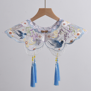 春夏清新百搭汉服云肩春景图刺绣流苏坎肩女装饰假衣领花边披肩