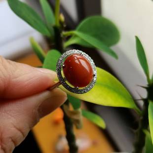 天然川料南红玛瑙活口戒指 大颗粒火焰纹 925银配锆石镶嵌