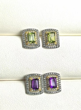 新款 925银镀双色金天然橄榄石/紫晶耳钉 晶体干净透亮 返火超赞