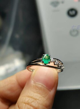 天然祖母绿925银活口戒指 4×5主石返火十足 颜色鲜艳 特价不退换