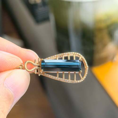 红18K金碧玺吊坠 4.3ct全净蓝碧玺 配天然钻石 自然光实拍