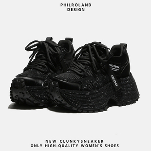 超酷黑色满钻老爹鞋女2026春夏透气网面厚底运动鞋增高休闲鞋