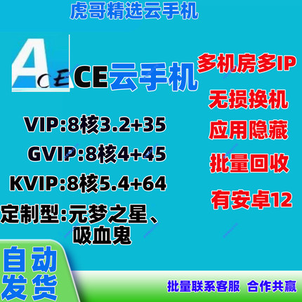 新开续费均可月卡30天激活码24h自动发货ace云手机GVip/VIP