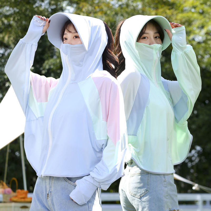 新款冰丝防晒衣女夏季防紫外线拼色斗篷连帽外套学生小清新防晒服