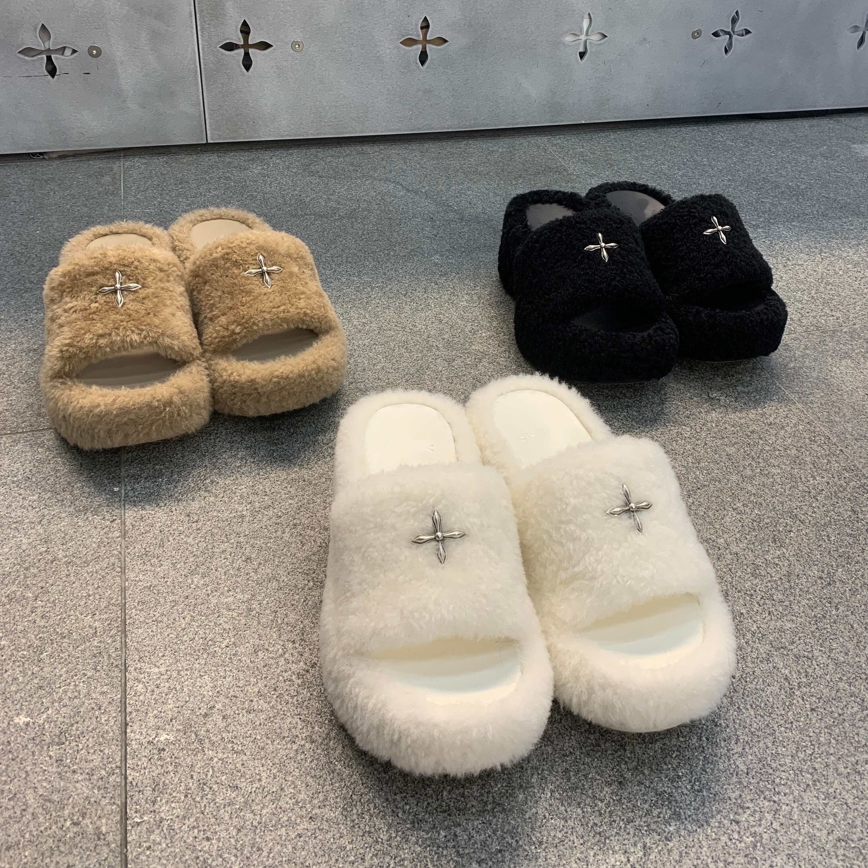 十字花金属扣雪山白高跟拖鞋厚底羊羔毛荒野黑增高恨天高毛毛拖鞋