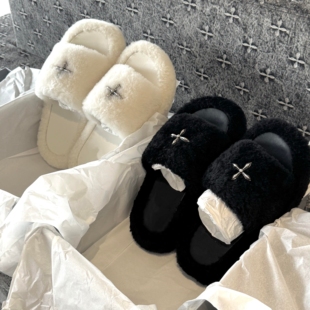保暖厚底一字带毛毛拖鞋女50mm增高版十字架毛毛拖外穿冬季毛绒绒