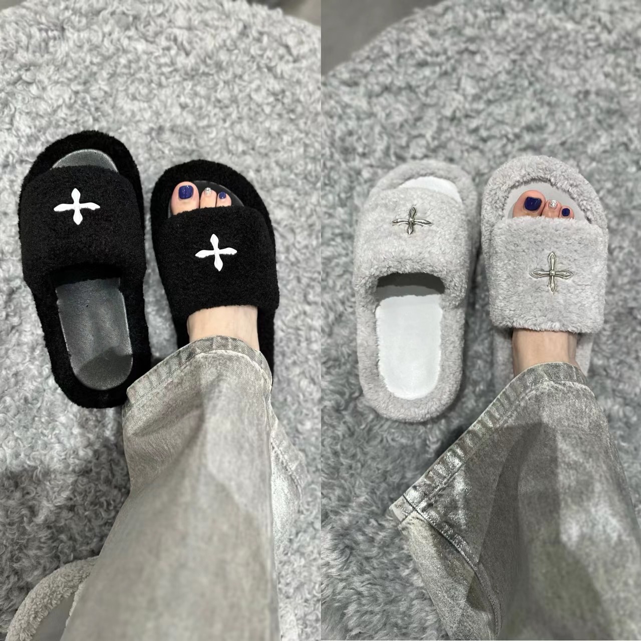 新款尘埃灰色厚底毛毛拖十字扣外穿短毛绒石墨黑色增高面包拖鞋女