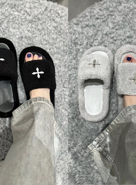新款尘埃灰色厚底毛毛拖十字扣外穿短毛绒石墨黑色增高面包拖鞋女