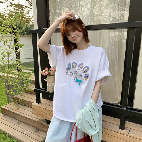 RARA STYLE2026夏季韩版小象印花宽松中长款慵懒时髦圆领短袖T恤