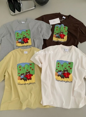 RARA STYLE2026夏季韩版苹果熊印花宽松显瘦百搭全棉圆领短袖T恤