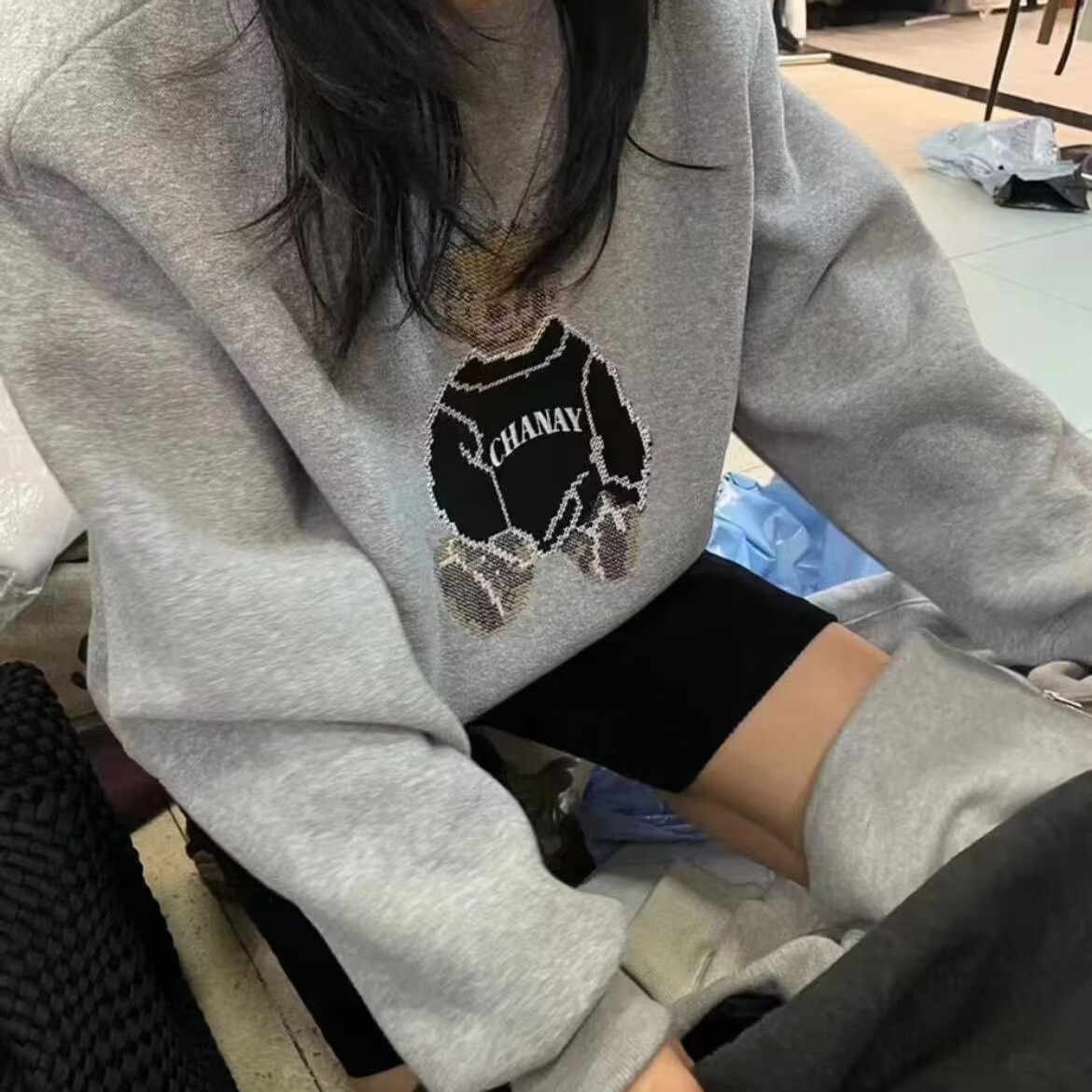 RICH PAPA2025秋冬韩版简约百搭刺绣小熊加厚加绒休闲套头卫衣女