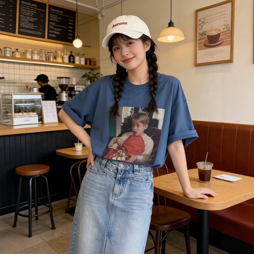 皇冠2026夏季韩版欧美男孩印花宽松显瘦中长款全棉圆领短袖T恤女