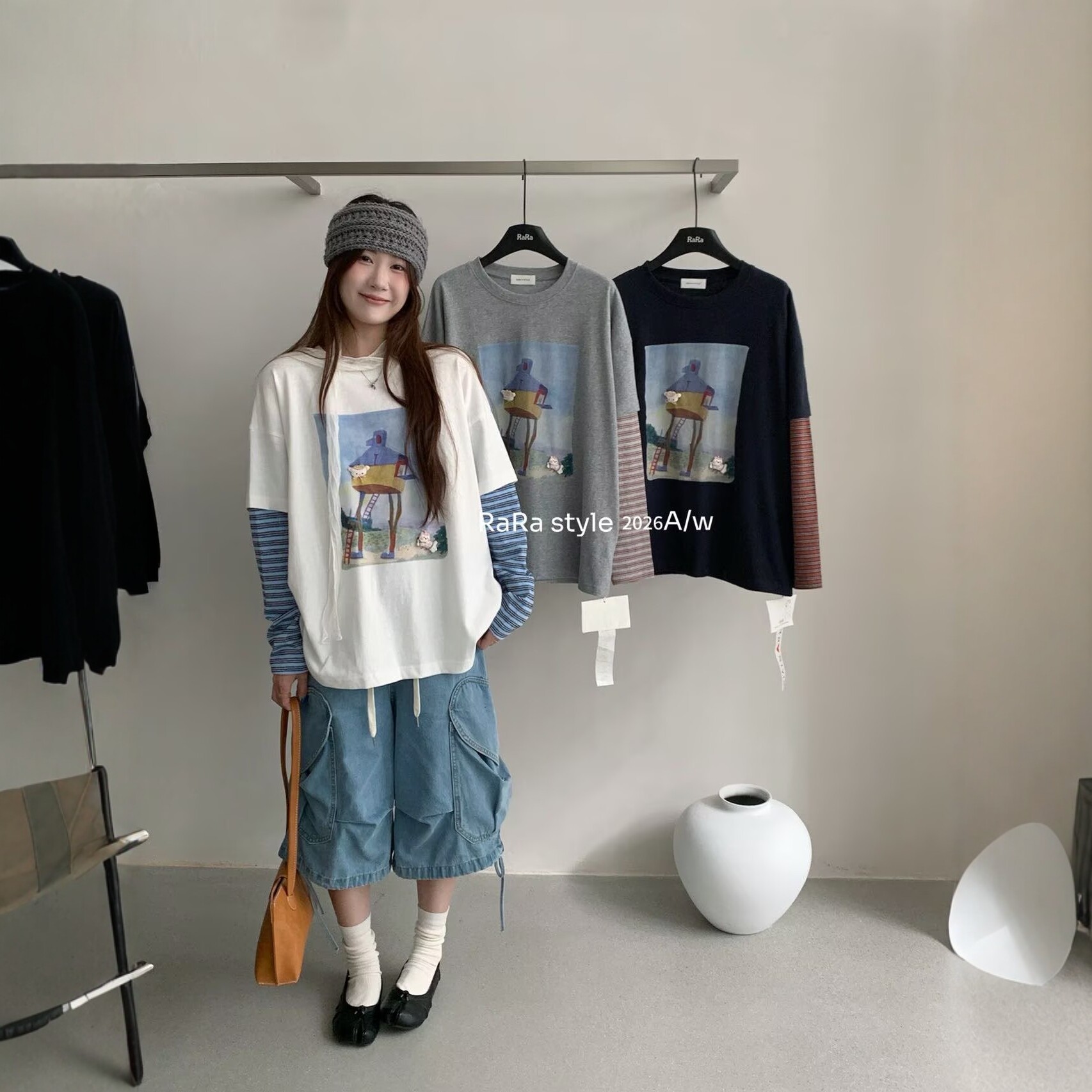 RARA STYLE2026秋季韩版水彩高脚小屋印花假两件套圆领长袖T恤女