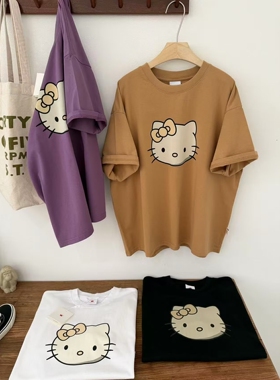 皇冠2026春季韩版洋气百搭hello kitty猫印花休闲宽松圆领短袖T恤