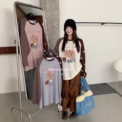RARA 2026秋季简约百搭hello Kitty印花撞色插肩袖圆领长袖T恤女