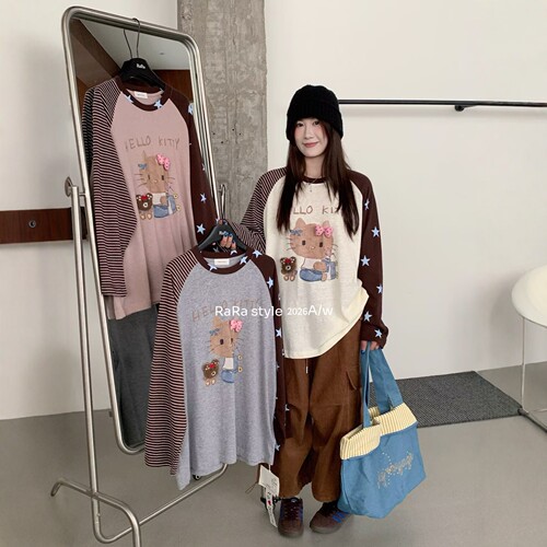 RARA 2026秋季简约百搭hello Kitty印花撞色插肩袖圆领长袖T恤女
