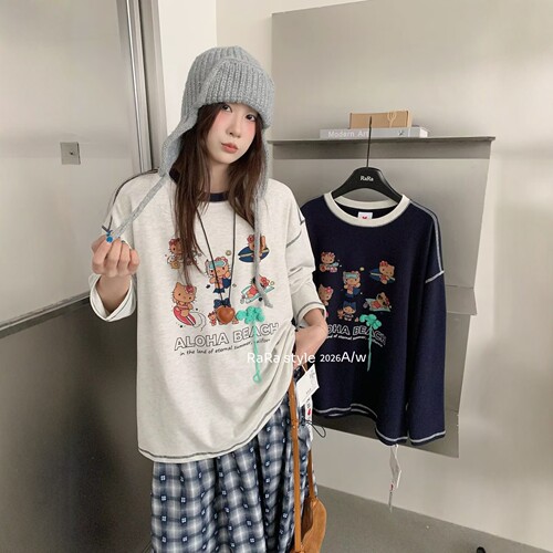 RARA STYLE2026秋冬韩版卡通kitty猫印花宽松休闲圆领长袖T恤女