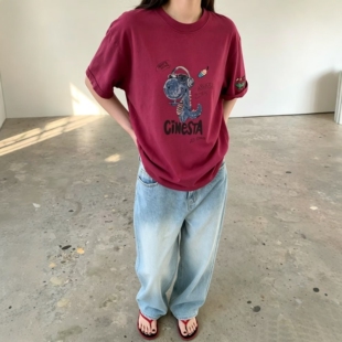 皇冠2026夏季卡通刺绣小鳄鱼印花宽松显瘦百搭大版圆领短袖T恤女