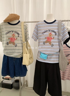 RARA STYLE2026夏季韩版复古条纹卡通小熊印花宽松圆领短袖T恤女