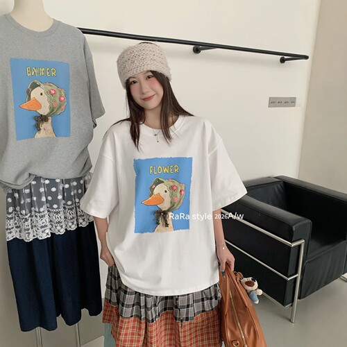 RARA STYLE2026秋季韩版头巾大白鹅涂鸦印花加厚磨毛圆领短袖T恤