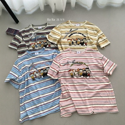 RARA STYLE2026夏季卡通字母印花条纹宽松时髦百搭圆领短袖T恤女