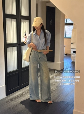YOUMO有陌72226春季韩版复古做旧抹料银粉时髦百搭高腰牛仔阔腿裤