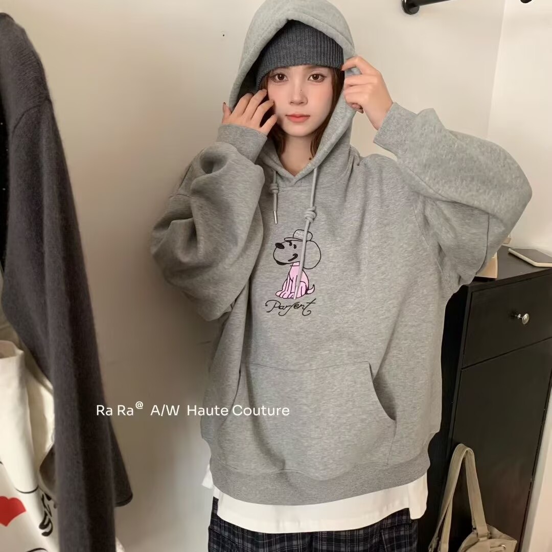 RARA STYLE2025秋冬韩版刺绣史努比保暖加绒宽松休闲连帽卫衣女