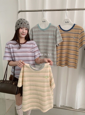 RARA STYLE2026夏季韩版复古条纹刺绣小英文宽松时髦圆领短袖T恤