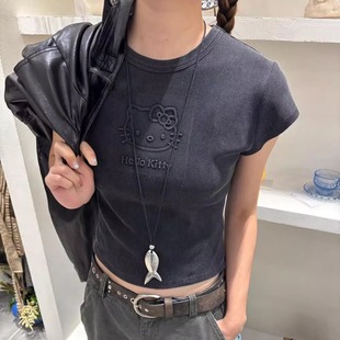 TRUST ME2025秋季复古做旧简约百搭立体hello kitty图案短袖T恤女