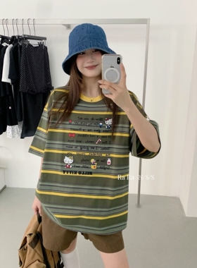 RARA 2026夏季刺绣英文卡通hello Kitty美式复古条纹大版短袖T恤