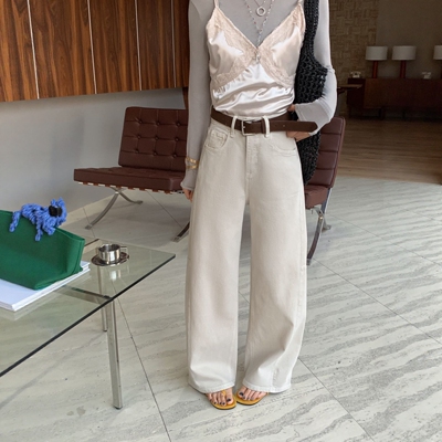 OKOY2655春季韩版复古高腰刺绣设计宽松洋气百搭阔腿牛仔弯刀裤女
